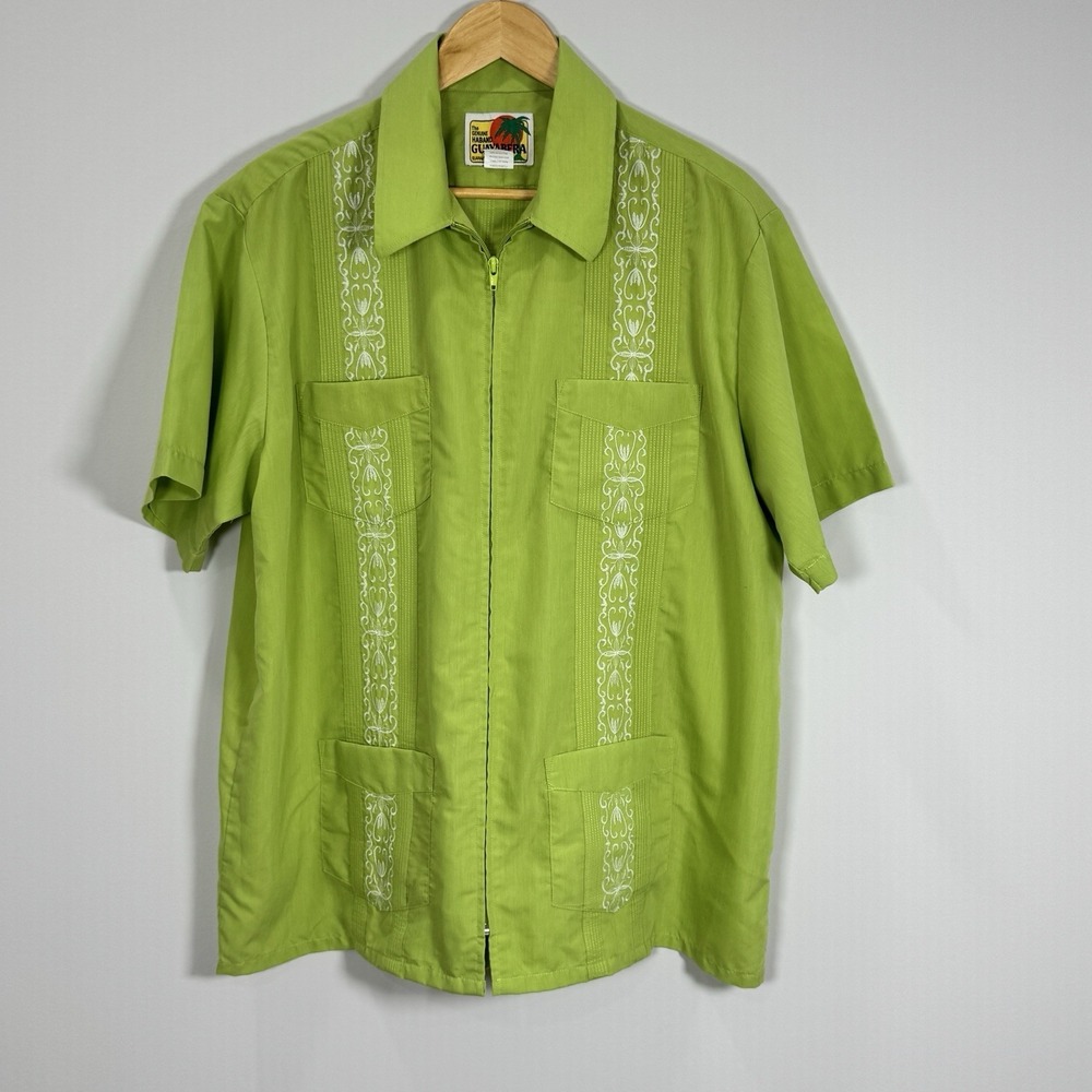 Haband Guayabera Shirt Mens L Lime Green Cuban Embroidered Full Zip Short Sleeve